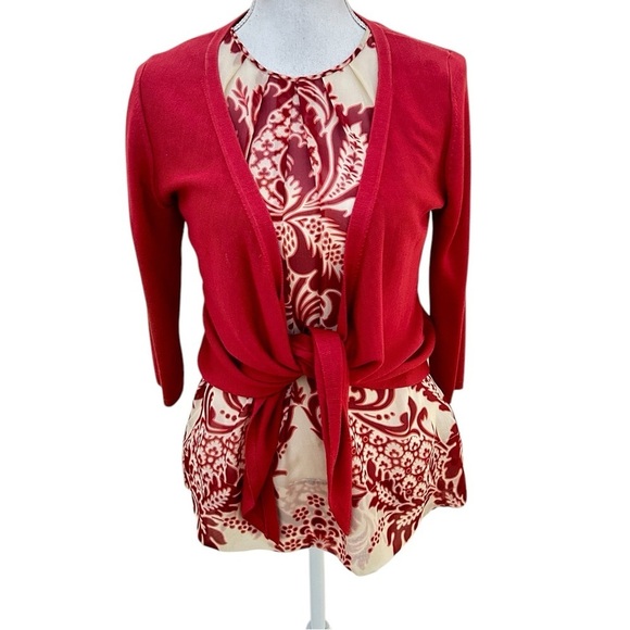 DKNY 100% silk sleeveless printed blouse & cardigan sweater burnt red sz small/8 - Picture 1 of 11